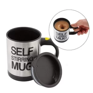 350ml „Self Stirring Mug“ METALINIS, KOKYBIŠKAS, SIDABRINIS PUODELIS SU DANGTELIU, SU MAIŠYMO MECHANIZMU, PALAIKO TEMPERATŪRĄ IKI 3 VAL.