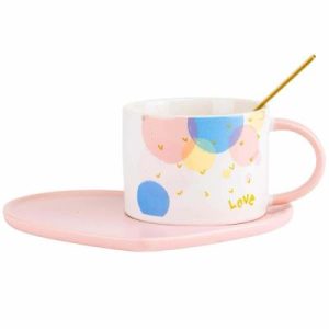 3in1 „LOVE“ KERAMIKINIS, ŠIRDELĖS FORMOS INDŲ RINKINYS SU SPAUDA, 150ml ROŽINIS PUODELIS SU BURBULIUKAIS+LĖKŠTUTĖ+AUKSO SPALVOS ŠAUKŠTELIS