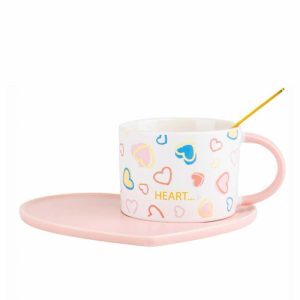 3in1 „Heart“ KERAMIKINIS, ŠIRDELĖS FORMOS INDŲ RINKINYS SU SPAUDA IR ŠIRDELIŲ RAŠTAIS,150ml ESPRESSO KAVOS, ROŽINIS PUODELIS+LĖKŠTUTĖ+AUKSO SPALVOS ŠAUKŠTELIS