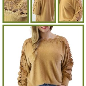 MOTERIŠKAS, ALPAKŲ NĖRINIŲ MEGZTINIS, ILGOMIS, NERTOMIS RANKOVĖMIS SU RAŠTAIS, KARAMELĖS SPALVOS, DYDŽIAI: S/M, M, L, XL