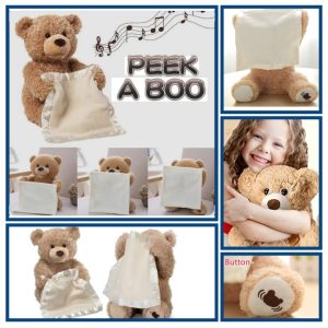 33cm INTERAKTYVUS MINKŠTAS ŽAISLAS, PLIUŠINIS MEŠKIUKAS "PEEKABOO TEDDY BEAR" DAINUOJA, ŽAIDŽIA "KUKU" - SLEPIASI PO SERVETĖLE