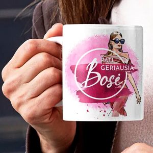 330ml BALTAS KERAMIKINIS PUODELIS ARBATAI, KAVAI SU UŽRAŠU, SPAUDA "Pati Geriausia Bosė"