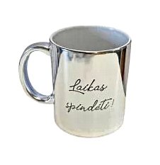 300ml KERAMIKINIS, SIDABRO SPALVOS, VEIDRODINIS PUODELIS KAVAI, ARBATAI SU UŽRAŠU, SPAUDA „Laikas Spindėti”