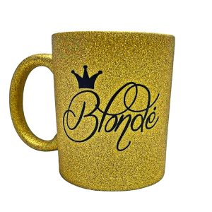 300ml BLIZGUS, AUKSO SPALVOS, KERAMIKINIS PUODELIS ARBATAI, KAVAI SU UŽRAŠU, SPAUDA ”Blondė”