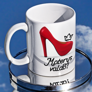 330ml BALTAS, KERAMIKINIS PUODELIS ARBATAI, KAVAI SU UŽRAŠU, SPAUDA "Moterys Valdo"