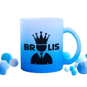 330ml STIKLINIS, MATINIS, PEREINANČIOS SPALVOS PUODELIS KAVAI, ARBATAI SU UŽRAŠU/SPAUDA "Brolis"