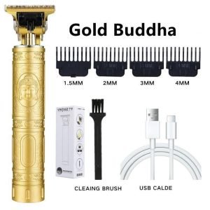 „Buddha“ „Auksinė Buda“ PROFESIONALI, GALINGA PLAUKŲ IR BARZDOS KIRPIMO MAŠINĖLĖ SU NERŪDIJANČIO PLIENO PEILIUKAIS IR ĮKRAUNAMU AKUMULIATORIUMI, USB – SU 1 MM, 2 MM, 3 MM ANTGALIAIS