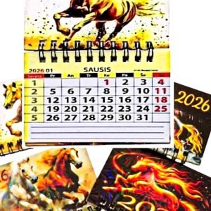 3in1 2026m MINI MAGNETINIS KALENDORIUS SU ARKLIU+MAGNETUKAS+12-OS LAPELIŲ UŽRAŠŲ KNYGUTĖ SU BĖGANČIU ŽIRGU