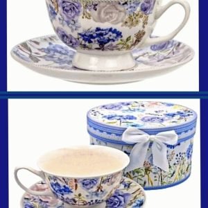 3in1 200ml BALTAS/MĖLYNAS PORCELIANINIS PUODELIS+LĖKŠTUTĖ+DEKORATYVINĖ DĖŽUTĖ SU KASPINU, DEKORUOTA GĖLIŲ, ROŽIŲ KOMPOZICIJA