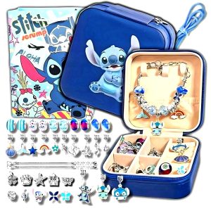 "STITCH" PANDORA TIPO, APYRANKIŲ RINKINYS SU DĖŽUTE: APYRANKĖS, KAROLIUKAI IR PAKABUKAI, 60 x DAIKTŲ