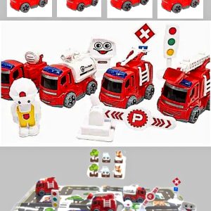 „City Rescue“ „Saugok miestą kartu su Super Robcop!“ MAŠINĖLIŲ RINKINYS VAIKAMS - 4-IOS GAISRINĖS MAŠINOS+PRIEDAI , 4 DALIŲ RINKINYS SU TRASA, TURI PAGRINDĄ SU MIESTO IR KELIO RAŠTU